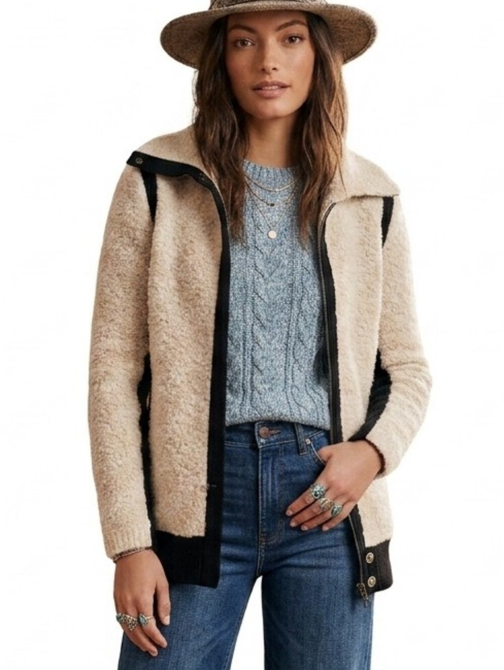 NEW Anthropologie Sparrow Colorblocked Boucle Sweater Coat Cardigan Zip Creme S